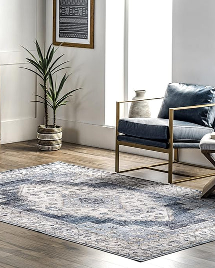 nuLOOM Dania Machine Washable Medallion Ultra Thin Area Rug, 9' x 12', Navy - LeafyLoom