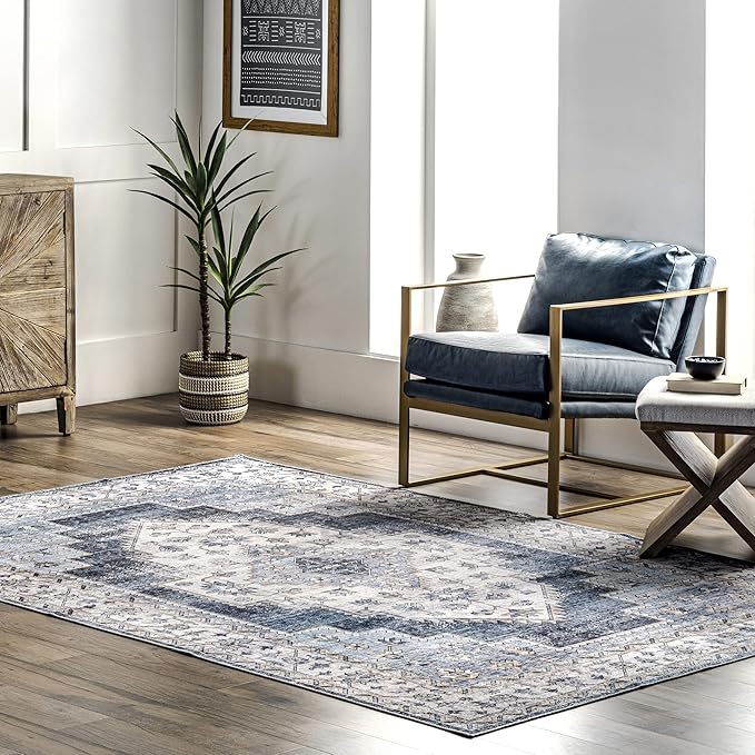 nuLOOM Dania Machine Washable Medallion Ultra Thin Area Rug, 9' x 12', Navy - LeafyLoom