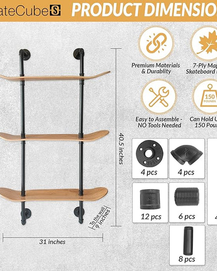 Industrial Shelves - 3 Tier Floating Shelf Bookcase with Mellow Concave Skateboard Decks - Natural Wood Stain Finish - Easy to Assemble - Bathroom Wall Decor, Book Shelf for Living Room - LeafyLoom