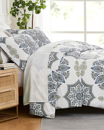 Southshore Fine Living, Inc. Oversized Full/Queen Comforter Bedding Set, Down Alternative Boho Bedspread, Paisley Floral Print Comforter, Full Size/Queen with 2 Matching Shams, Blue on White - LeafyLoom