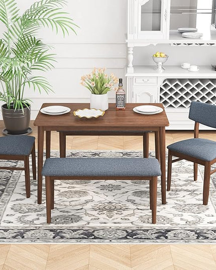5 Piece Kitchen Dining, Wooden Rectangular Table Chairs and 2 Upholstered Bench, Retro Rustic Dinette Set for 6 People for Living Room Furniture, Walnut - LeafyLoom