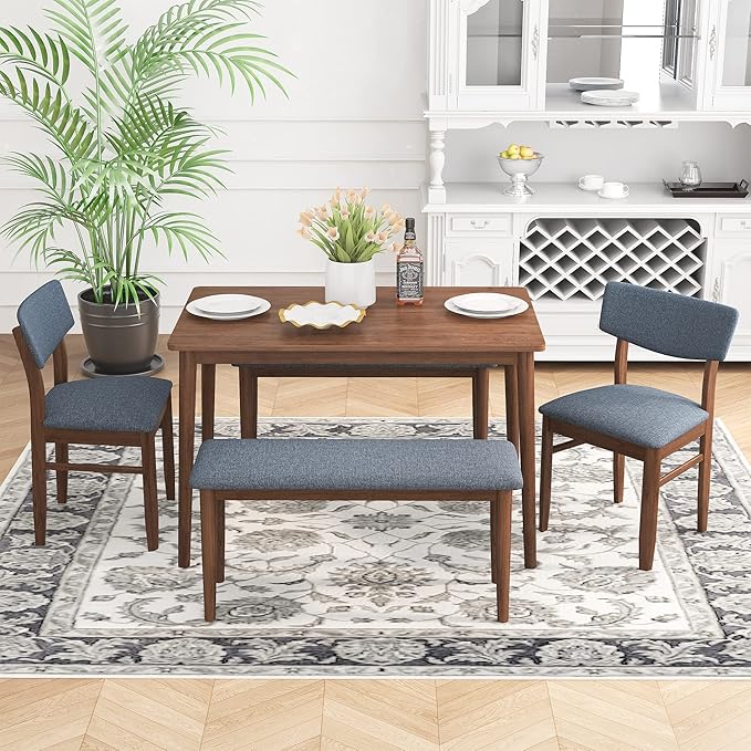 5 Piece Kitchen Dining, Wooden Rectangular Table Chairs and 2 Upholstered Bench, Retro Rustic Dinette Set for 6 People for Living Room Furniture, Walnut - LeafyLoom