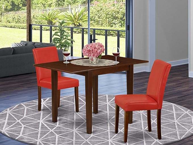 East West Furniture 1NDAB3-MAH-72 3 Piece Set Contains a Rectangle Dining Room Table with Dropleaf and 2 FireBrick Red Faux Leather Upholstered Chairs, 30x48 Inch - LeafyLoom