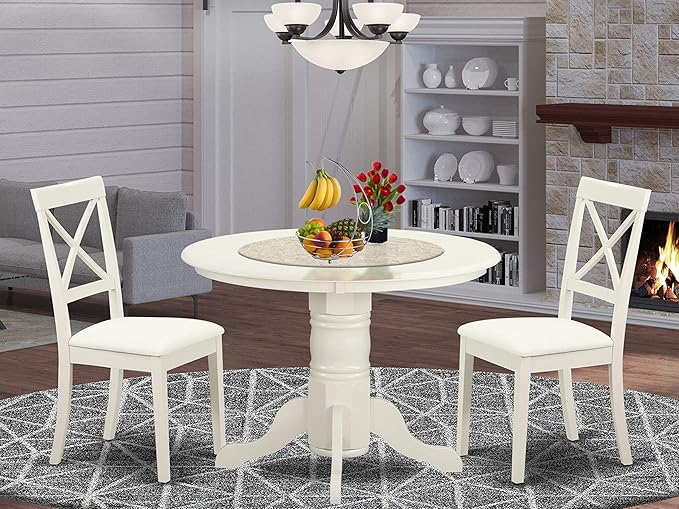 East West Furniture SHBO3-WHI-LC 3 Piece Dinette Set for Small Spaces Contains a Round Kitchen Table with Pedestal and 2 Faux Leather Upholstered Dining Chairs, 42x42 Inch - LeafyLoom
