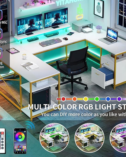 YITAHOME U Shaped Desk with Power Outlets & LED Lights, 79" Reversible L Shaped Desk with Drawers, Corner Computer Desk Office Desk with Monitor Stand & Storage Shelves, White & Gold - LeafyLoom