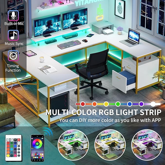 YITAHOME U Shaped Desk with Power Outlets & LED Lights, 79" Reversible L Shaped Desk with Drawers, Corner Computer Desk Office Desk with Monitor Stand & Storage Shelves, White & Gold - LeafyLoom