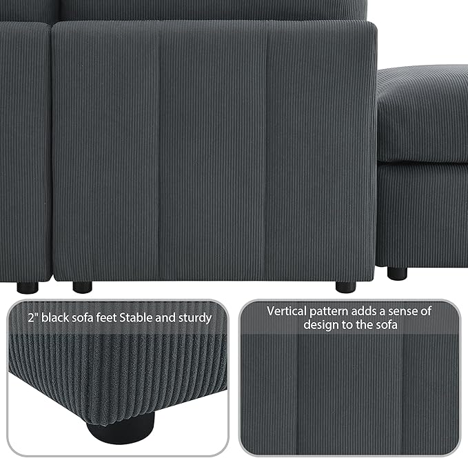93" Sectional Couch with Convertible Ottomans, 5-Seat Armless Modular Sofa with Vertical Stripes, Freely Combinable Couch Sectionals for Living Room, Apartment - LeafyLoom
