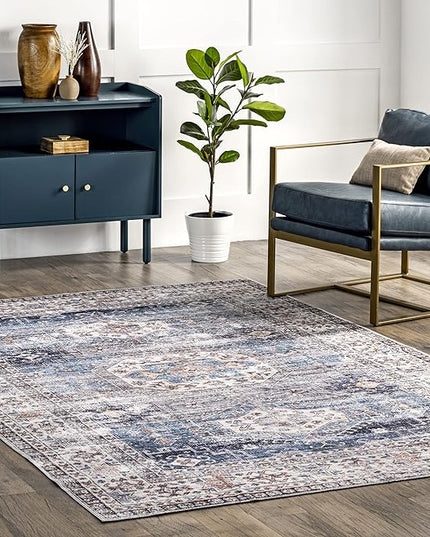 nuLOOM Drina Distressed Machine Washable Ultra Thin Area Rug, 3' x 5', Blue - LeafyLoom