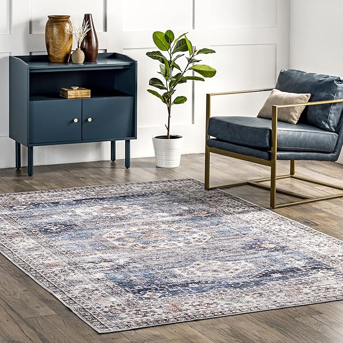 nuLOOM Drina Distressed Machine Washable Ultra Thin Area Rug, 3' x 5', Blue - LeafyLoom