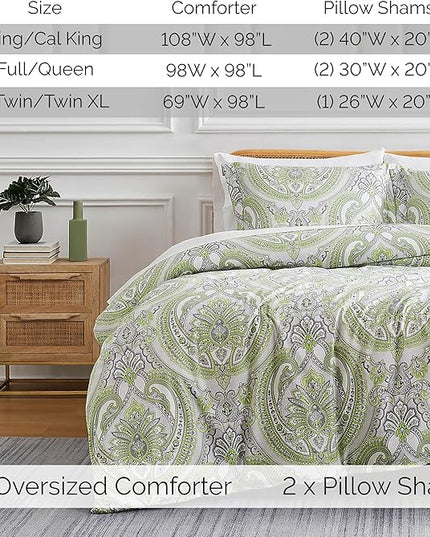 Southshore Fine Living, Inc. Oversized King Comforter Bedding Set, Down Alternative Boho Bedspread, Paisley Print Comforter, King/California King with 2 Matching Shams, Pure Melody Green - LeafyLoom