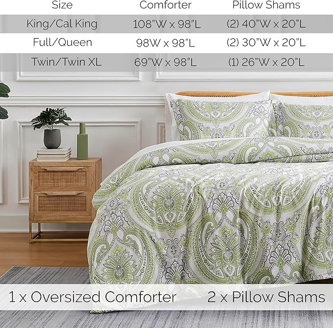 Southshore Fine Living, Inc. Oversized King Comforter Bedding Set, Down Alternative Boho Bedspread, Paisley Print Comforter, King/California King with 2 Matching Shams, Pure Melody Green - LeafyLoom
