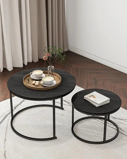 Round Coffee Table Set of 2 End Tables for Living Room,Black Coffee Table Nesting Tables,Living Room Table Wooden Accent Furniture Metal Frame,Sturdy Stacking Side Tables,Easy Assembly - LeafyLoom