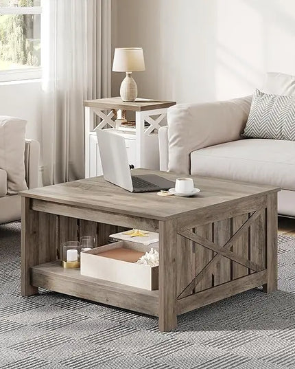 YITAHOME Coffee Table Farmhouse Coffee Table with Storage Rustic Wood Cocktail Table,Square Coffee Table for Living Meeting Room with Half Open Storage Compartment, Rustic Grey - LeafyLoom