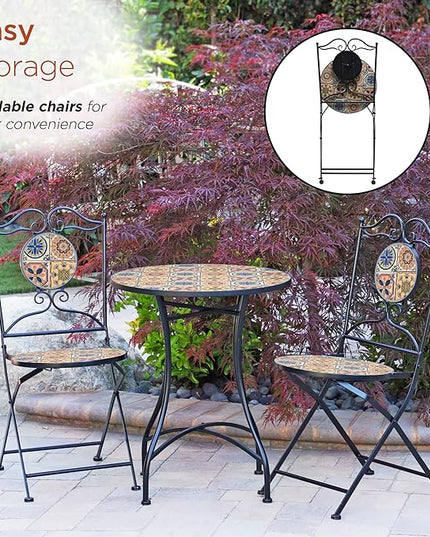 Alpine Corporation Indoor/Outdoor Mediterranean Tile Design Set Table and Chairs Patio Seating - LeafyLoom
