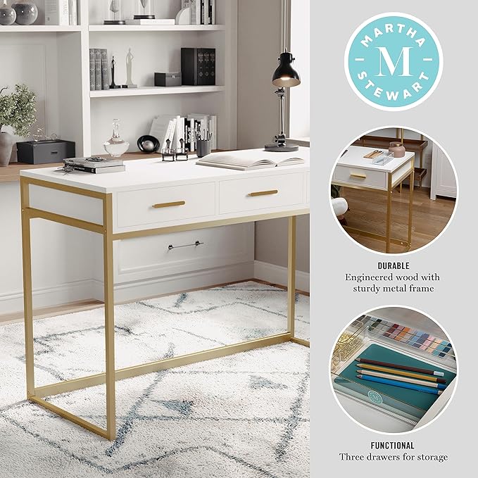 Martha Stewart Ollie Home Office Desk with 3 Drawers in White with Polished Brass Hardware - LeafyLoom