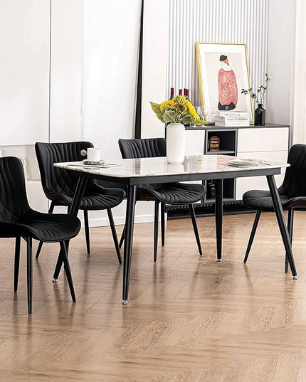 YOUTASTE Black Dining Chairs Set of 2 Upholstered Mid Century Modern Kitchen Dining Room Chairs Armless Faux Leather Accent Chairs Metal Vanity Lounge Chair with Back for Living Room Bedrooms - LeafyLoom