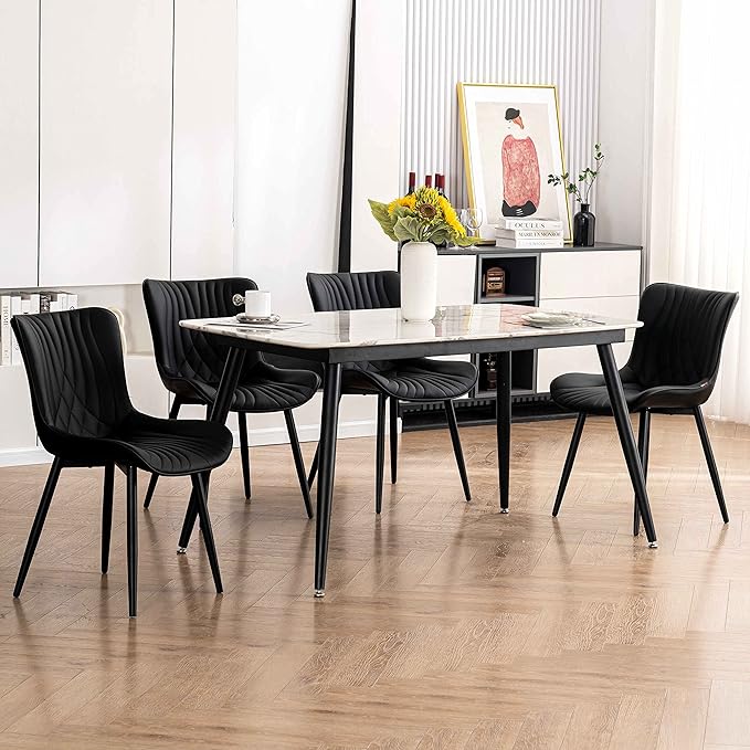 YOUTASTE Black Dining Chairs Set of 2 Upholstered Mid Century Modern Kitchen Dining Room Chairs Armless Faux Leather Accent Chairs Metal Vanity Lounge Chair with Back for Living Room Bedrooms - LeafyLoom