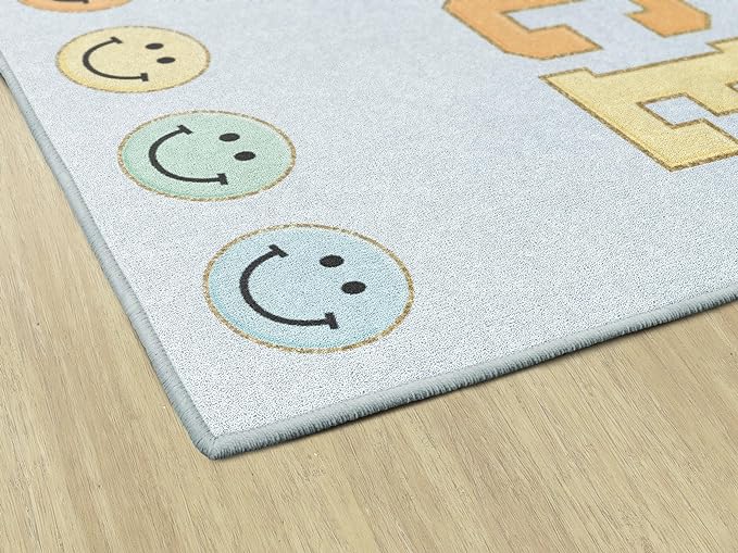 Flagship Carpets Schoolgirl Style This is Our Happy Place on Blue Educational Area Rug for Kids Room Seating Décor, Children's Classroom, Play Carpet for Teaching and Playroom, 7'6" x 12' - LeafyLoom