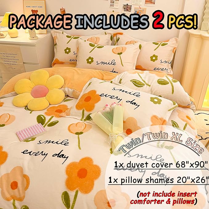 MorroMorn Twin Bedding Sets, Orange Floral Duvet Cover Set, Fluffy Comforter Covers Blanket Ultra Soft Cute Flowers for Girls Kids Toddler Teen Preppy Dorm Twin/Twin XL Size - LeafyLoom
