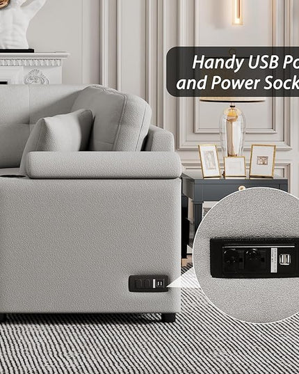 87.4" L-Shape Sectional Sleeper Sofa with Chaise &Pull-out bed, Boucle Upholstered Couch w/USB Ports, Power Sockets and Built-in Cup Holder, for Living Room, Apartment, 87.4 Inch, Dark Gray - LeafyLoom