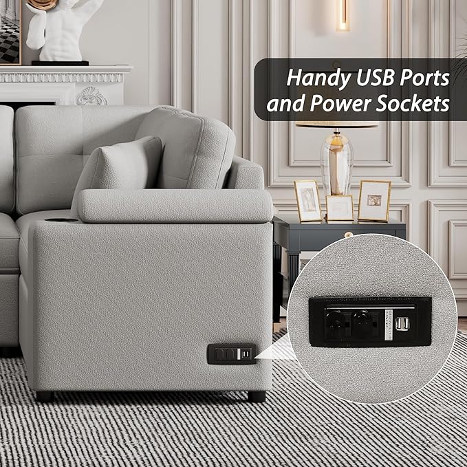 87.4" L-Shape Sectional Sleeper Sofa with Chaise &Pull-out bed, Boucle Upholstered Couch w/USB Ports, Power Sockets and Built-in Cup Holder, for Living Room, Apartment, 87.4 Inch, Dark Gray - LeafyLoom