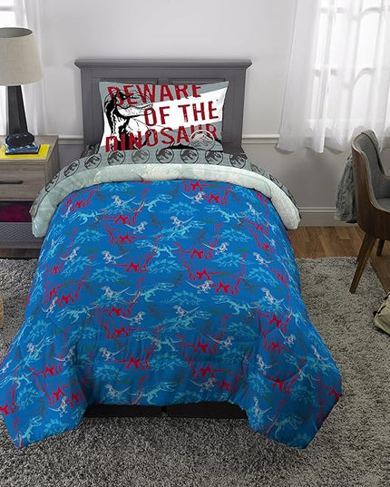Jurassic World Dominion Blue Velociraptor and Rexy T-Rex Super Soft Microfiber Reversible Comforter, Twin Size, Bedding by Franco Kids - LeafyLoom