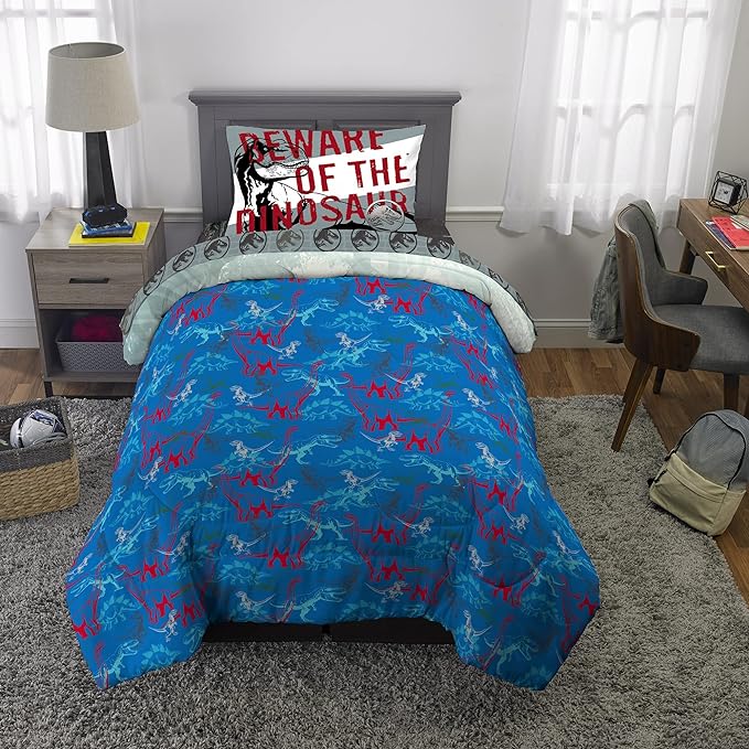 Jurassic World Dominion Blue Velociraptor and Rexy T-Rex Super Soft Microfiber Reversible Comforter, Twin Size, Bedding by Franco Kids - LeafyLoom