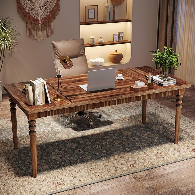 Executive Desk, 62-Inch Large Computer Office Desk with Solid Wood Legs, Modern Simple Laptop Desk Study Writing Table Business Furniture for Home Office - LeafyLoom