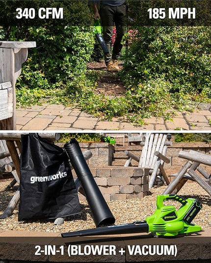 Greenworks 40V (185 MPH / 340 CFM / 75+ Compatible Tools) Cordless Brushless Leaf Blower / Vacuum, Tool Only - LeafyLoom