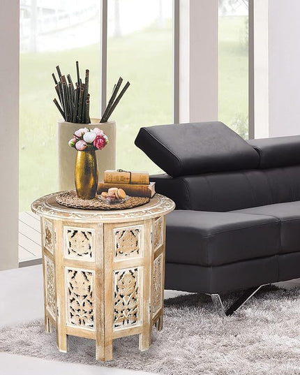 Hand Crafted Solid Wood Accent Table, Side Table, Entryway Table, Wooden End Table, Octagonal Wooden Table - 18 Inch Round Top x 18 Inch High - White - LeafyLoom