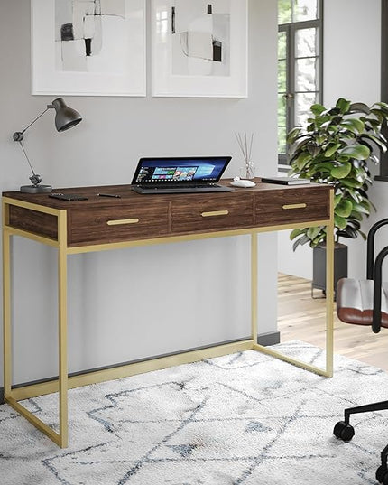 Martha Stewart Ollie Home Office Desk with 3 Drawers in Walnut Wood Grain with Polished Brass Hardware - LeafyLoom