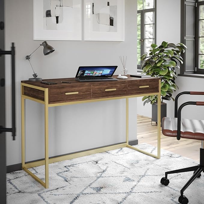 Martha Stewart Ollie Home Office Desk with 3 Drawers in Walnut Wood Grain with Polished Brass Hardware - LeafyLoom