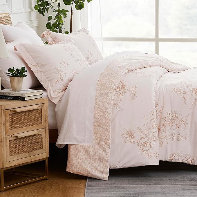 Southshore Fine Living, Inc. Twin Comforter Bedding Set, Down Alternative Floral Comforter with Matching Sham for Twin and Twin XL Beds, Reversible Print is 2 Colors in 1, Taupe & White - LeafyLoom