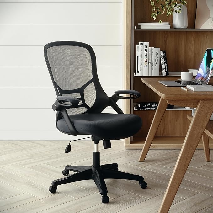 Flash Furniture Porter High-Back Swivel Office Chair with Adjustable Lumbar Support and Seat Height, Ergonomic Mesh Desk Chair with Flip-Up Armrests, Black - LeafyLoom