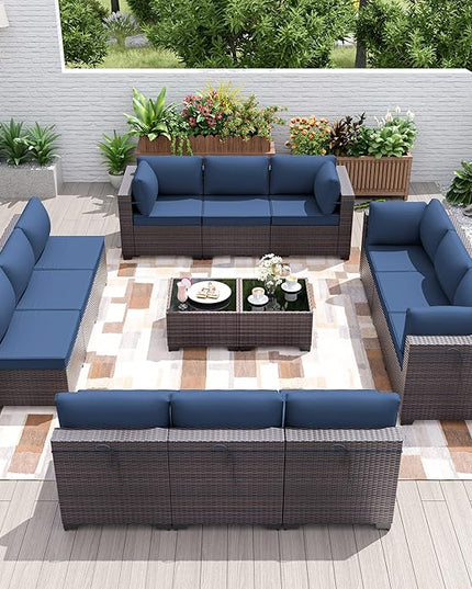 Patio Furniture Set 14-Piece Outdoor Furniture for Backyard Wicker Sectional Sofa Set, PE Rattan Patio Conversation Set 12 Seat with Thickened Cushions and Glass Coffee Tables, Navy Blue - LeafyLoom