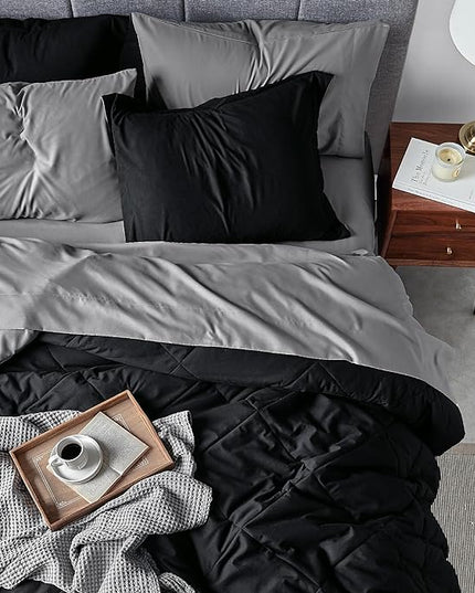 Bedsure Black Twin XL Comforter Set - 5 Pieces Reversible Black Bed Set Twin XL with Comforters, Sheets, Pillowcase & Sham, Black Bedding Set for College - LeafyLoom