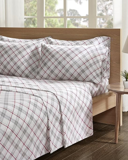 Comfort Spaces Cotton Flannel Breathable Warm Deep Pocket Sheets with Pillow Case Bedding, King, Grey/Red Plaid 4 Piece - LeafyLoom