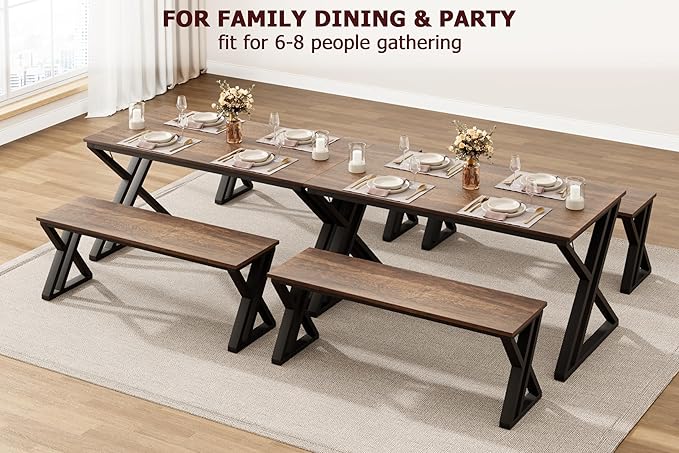 IDEALHOUSE Kitchen Table with Benches, Dining Table Benches Set for 4-6, Rectangular Kitchen Table Set with Sturdy Metal Frame, Saving Space for Kitchen, Dining Room, Apartment, 55", Retro Brown - LeafyLoom