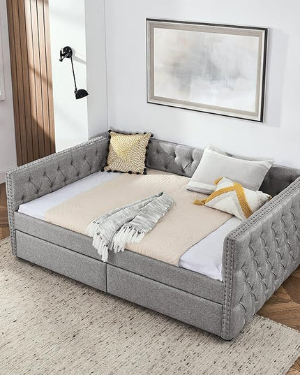 Full Size Upholstered Daybed, Pull Out with Two Storage Drawers, Solid Wood Frame Bed, Tufted Buttons and Copper Nails On Square Arms, for Bedrooms,Apartments, Grey-1 - LeafyLoom