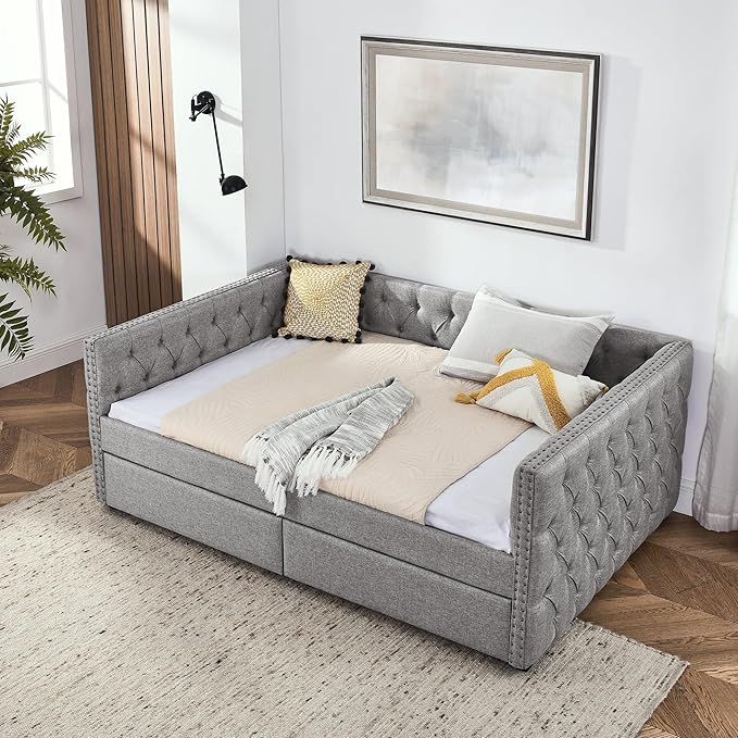Full Size Upholstered Daybed, Pull Out with Two Storage Drawers, Solid Wood Frame Bed, Tufted Buttons and Copper Nails On Square Arms, for Bedrooms,Apartments, Grey-1 - LeafyLoom