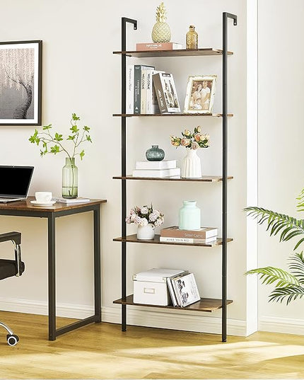 Tajsoon Large Bookcase, Industrial Ladder Shelf, 5 Tier Wood Wall Mounted with Metal Frame, Open Display Storage Shelves for Home, Office, Collection, Plant Flower, Rustic Brown & Black, 25.2''W - LeafyLoom