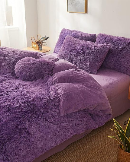 FOPPA Dark Purple Faux Fur Comforter Cover Set Ultra Soft Plush Bedding Sets 3 Pieces (1 Faux Fur Duvet Cover + 2 Faux Fur Pillow case) Zipper Closure (Queen, Dark Purple) - LeafyLoom