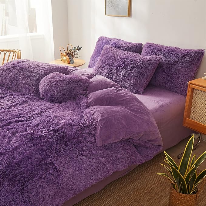 FOPPA Dark Purple Faux Fur Comforter Cover Set Ultra Soft Plush Bedding Sets 3 Pieces (1 Faux Fur Duvet Cover + 2 Faux Fur Pillow case) Zipper Closure (Queen, Dark Purple) - LeafyLoom