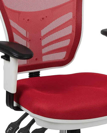 Flash Furniture Nicholas Mid-Back Red Mesh Multifunction Executive Swivel Ergonomic Office Chair with Adjustable Arms and White Frame - LeafyLoom