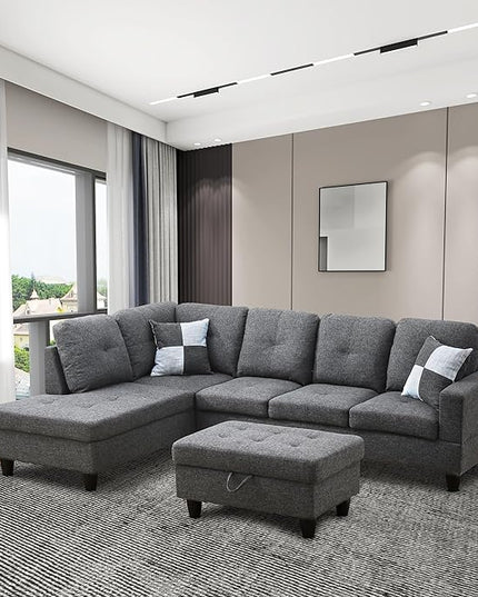 ROOMTEC Modern L Shaped Sectional Sofa Set with Storage Ottoman, Left Facing Chaise Longue, Reversible Backrest w/ 2 Cup Holders, Linen Tufted Cushions, for Living Room, Black Grey - LeafyLoom