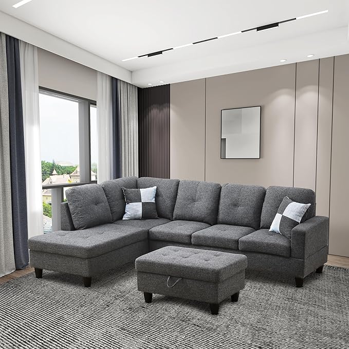 ROOMTEC Modern L Shaped Sectional Sofa Set with Storage Ottoman, Left Facing Chaise Longue, Reversible Backrest w/ 2 Cup Holders, Linen Tufted Cushions, for Living Room, Black Grey - LeafyLoom