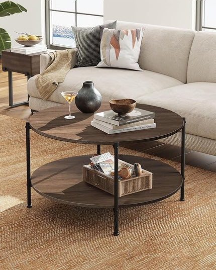 WLIVE Round Coffee Table, Living Room Table with 2-Tier Storage Shelf,32in Wood Modern Coffee Table with Metal Frame and Wood Desktop,Easy Assembly，Brown Walnut. - LeafyLoom
