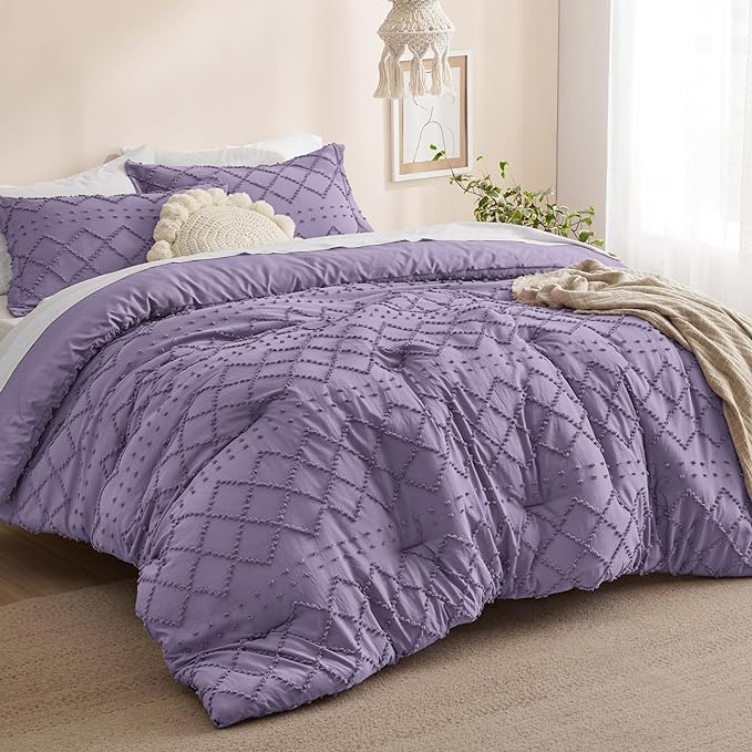 Bedsure Full Size Comforter Set - Grayish Purple Comforter, Boho Tufted Shabby Chic Bedding Comforter Set, 3 Pieces Farmhouse Bed Set for All Seasons, Fluffy Soft Bedding Set with 2 Pillow Shams - LeafyLoom