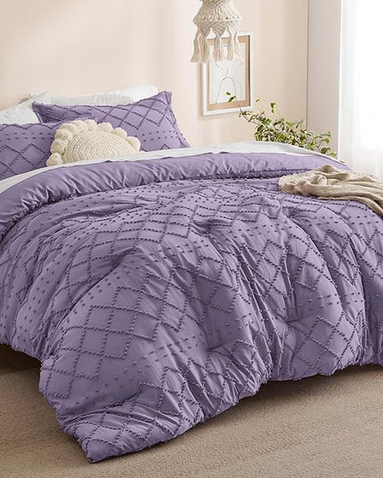Bedsure Queen Comforter Set - Grayish Purple Comforter, Boho Tufted Shabby Chic Bedding Comforter Set, 3 Pieces Farmhouse Bed Set for All Seasons, Fluffy Soft Bedding Set with 2 Pillow Shams - LeafyLoom