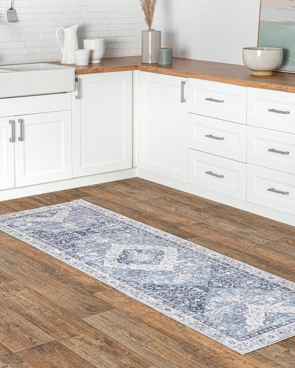 nuLOOM Elsa Floral Blossom Machine Washable Ultra Thin Runner Rug, 2' 6" x 8', Blue - LeafyLoom